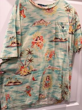 Ralph Lauren Light Aqua Hawaiian Pocket Tee with Tropical Print